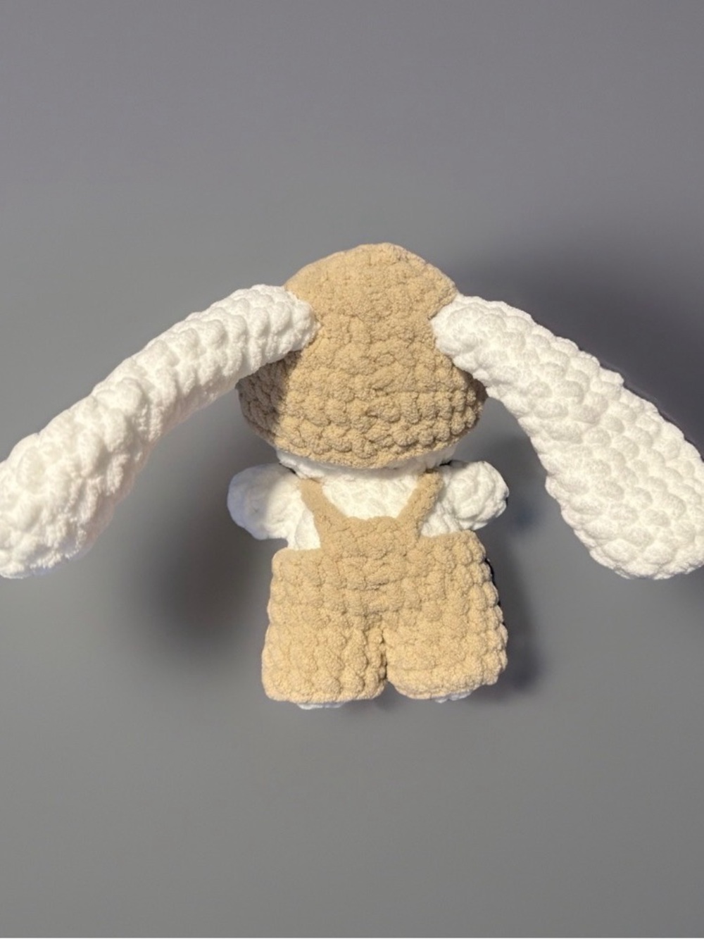 Plush Bunny Stuffed Animal in White and Tan with Clothing- Cozy Crochet Plush - Picture 5 of 6